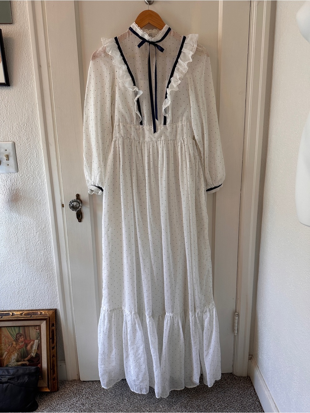 Vintage 70s Gunne Sax White Polka Dot Ruffle Maxi Prairie Dress size 11 - Picture 4 of 11
